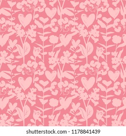 Vector seamless floral pattern with hearts and shapes of plants. Flowers silhouettes on pink background. Romantic valentines day background with hearts, love symbols. Floral silhouette texture