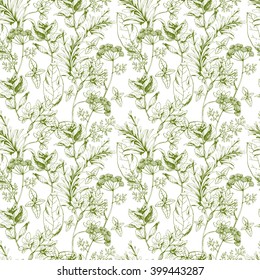 Vector seamless floral pattern with herbs and spices on white. Hand drawn illustration for fabric, wrapping, prints and other design in vintage style.