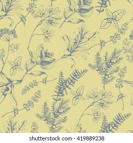 Vector seamless floral pattern with herbs and spices on beige. Hand drawn illustration for fabric, wrapping, prints and other herbal design in vintage style.