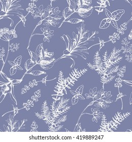 Vector seamless floral pattern with herbs and spices on lilac. Hand drawn illustration for fabric, wrapping, prints and other herbal design in vintage style.