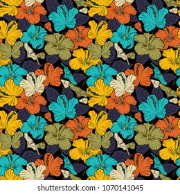 Vector seamless floral pattern with hibiscus flowers and leaves in black, blue and yellow colors.