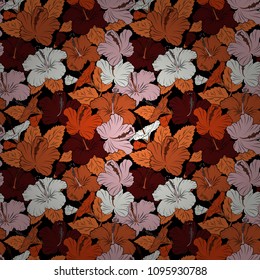 Vector seamless floral pattern with hibiscus flowers and leaves in orange and black colors.