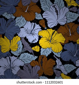 Vector seamless floral pattern with hibiscus flowers, leaves, decorative elements, splash, blots and drop in blue and black colors. Doodle sketch style, hand-drawn illustration.