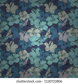 Vector seamless floral pattern with hibiscus flowers and leaves in gray, black and blue colors.