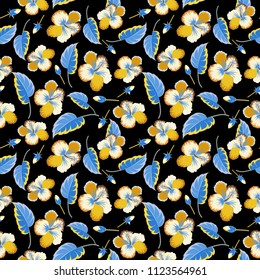 Vector seamless floral pattern with hibiscus flowers and leaves in black, blue and yellow colors.