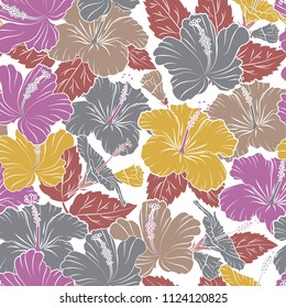 Vector seamless floral pattern with hibiscus flowers, leaves, decorative elements, splash, blots and drop in pink, gray and white colors. Doodle sketch style, hand-drawn illustration.