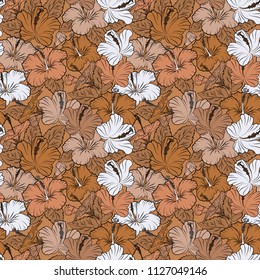 Vector seamless floral pattern with hibiscus flowers, leaves, decorative elements, splash, blots and drop in beige and brown colors. Doodle sketch style, hand-drawn illustration.