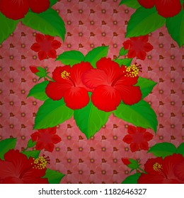 Vector seamless floral pattern with hibiscus flowers and leaves in red, green and pink colors.