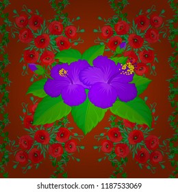 Vector seamless floral pattern with hibiscus flowers and leaves in orange, green and red colors.