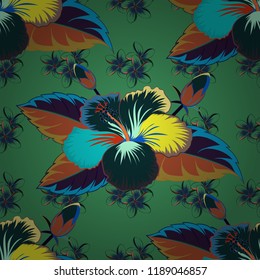 Vector seamless floral pattern with hibiscus flowers and leaves in green, blue and orange colors.