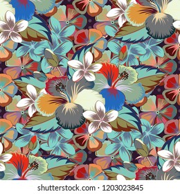 Vector seamless floral pattern with hibiscus flowers and leaves in brown, gray and blue colors.