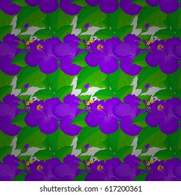 Vector seamless floral pattern with hibiscus flowers and leaves on a gray background.