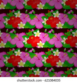 Vector seamless floral pattern with hibiscus flowers and leaves on a brown background.
