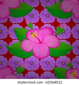 Vector seamless floral pattern with hibiscus flowers, leaves, decorative elements, splash, blots and drop on a red background. Doodle sketch style, hand-drawn illustration.