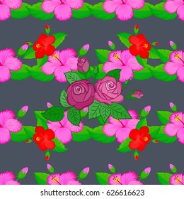 Vector seamless floral pattern with hibiscus flowers and leaves on a gray background.