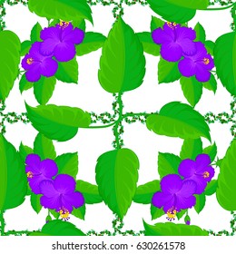 Vector seamless floral pattern with hibiscus flowers and leaves on a white background.