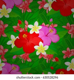 Vector seamless floral pattern with hibiscus flowers and leaves on a green background.