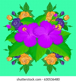 Vector seamless floral pattern with hibiscus flowers, leaves, decorative elements, splash, blots and drop on a green background. Doodle sketch style, hand-drawn illustration.
