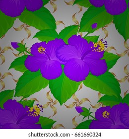 Vector seamless floral pattern with hibiscus flowers, leaves, decorative elements, splash, blots and drop on a gray background. Doodle sketch style, hand-drawn illustration.