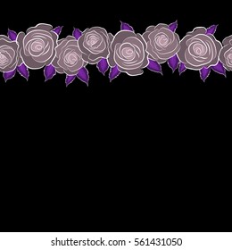 Vector seamless floral pattern with horizontal abstract neutral and violet roses and copy space (place for your text).