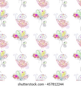 Vector seamless floral pattern insect. Drawn decorative background with butterfly, flowers and leaves. Graphic illustration.