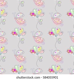 Vector seamless floral pattern with insect Hand drawn outline decorative endless background with cute drawn butterfly flowers Graphic illustration. Line drawing. Print for wrapping, background, decor