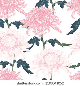 Vector seamless floral pattern. Japanese national flower chrysanthemum. Illustration luxury design, textiles, paper, wallpaper, curtains, blinds. White background.