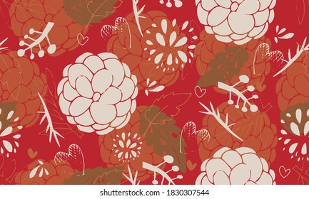 Patrón floral sin fisuras vectorial. Crisantemo floral nacional japonés. Ilustración diseño de lujo, textiles, papel, papel pintado, cortinas, persianas. Hojas doradas, flores blancas sobre fondo rojo.