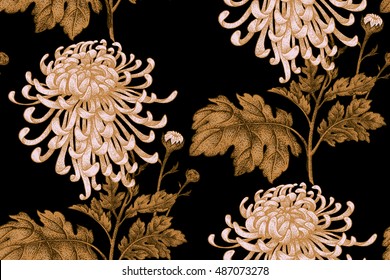 Vector Seamless Floral Pattern. Japanese National Flower Chrysanthemum. Illustration Luxury Design, Textiles, Paper, Wallpaper, Curtains, Blinds. Gold Leaves, Branch, White Flowers, Black Background.