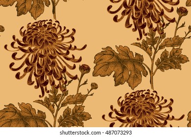 Vector seamless floral pattern. Japanese national flower chrysanthemum. Illustration luxury design, textiles, paper, wallpaper, curtains, blinds. Leaves, branch, red flowers on gold background.