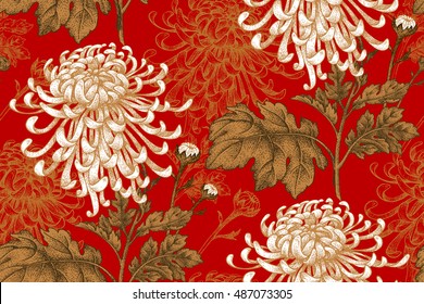 Vector seamless floral pattern. Japanese national flower chrysanthemum. Illustration luxury design, textiles, paper, wallpaper, curtains, blinds. Golden leaves, white flowers on red background.