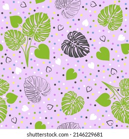 Vektornahtloses Blumenmuster mit Blättern von Monstera und bunten Punkten auf weichem rosafarbenem Hintergrund.