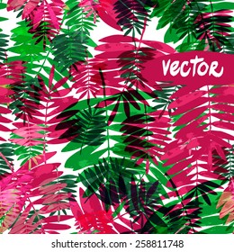 vector seamless floral pattern leaves isolated on a white background, vector ornament plants, petals, palm leaves, vivid green and red leaves with effect overlay, painted floral pattern