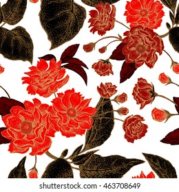 Vector seamless floral pattern with leaves, flowers and branches of the tree Chinese plum. Design paper, wallpaper and fabrics. Black, red, white, gold.