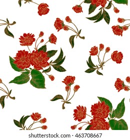 Vector seamless floral pattern with leaves, flowers and branches of the tree Chinese plum. Design paper, wallpaper and fabrics. Red, white, gold.