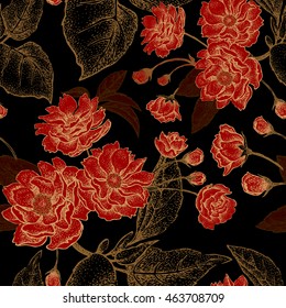 Vector seamless floral pattern with leaves, flowers and branches of the tree Chinese plum. Design paper, wallpaper and fabrics. Black, red, gold.