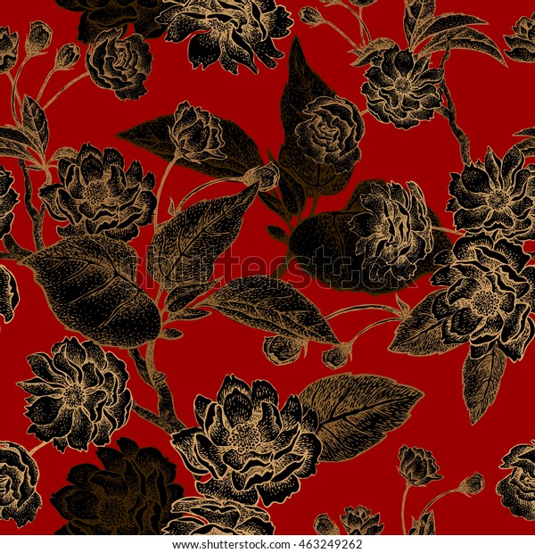 梅の木の葉 花 枝を持つシームレスな花柄のベクター画像 紙 壁紙 布をデザインします 黒 赤 金 のベクター画像素材 ロイヤリティフリー