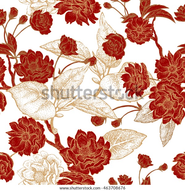Vector seamless floral pattern with leaves, flowers and branches of the tree Chinese plum. Design paper, wallpaper and fabrics. Red, white, gold.