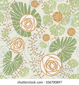 Vector seamless floral pattern. Light background with pond, water lilies and algae. Stylized expanse of water. Abstract ornamental illustration for wallpaper, textile, cover, paper.