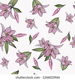 Vector seamless floral pattern with lilies and leaves. Hand drawn illustration for web, wrapping paper, textile, fabric. Vintage background.