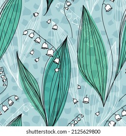 Vector seamless floral pattern. Lillies of the valley hand-drawn background. Artistic botanical backdrop.