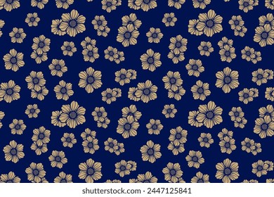 Patrón floral sin costuras de Vector. Lujoso adorno botánico azul oscuro y dorado con siluetas de flores simples. Elegante textura mínima de fondo dorado. Repetidos diseños elegantes para la decoración, impresión, Fondo de pantalla