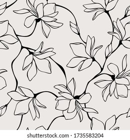 Vector Seamless Floral Pattern With Magnolia Flowers. Line Art Illustration.