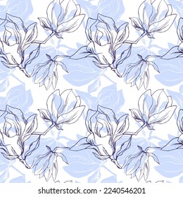 Vector seamless floral pattern of magnolias. Magnolia. Bloom. Spring. Home textiles. White background. Blue flower silhouette. Delicate pattern. Fabric print.