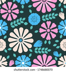 Vector seamless floral pattern. Marigolds, calendula, cosmos, petunia. For fabric, cloth design, wallpaper, gift wrap.