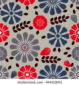 Vector seamless floral pattern. Marigolds, calendula, cosmos, petunia. For fabric, cloth design, wallpaper, gift wrap.