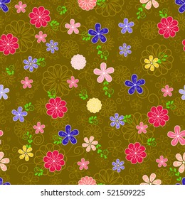 Vector seamless floral pattern. Marigolds, calendula, cosmos, petunia. For fabric, cloth design, wallpaper, gift wrap.