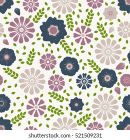 Vector seamless floral pattern. Marigolds, calendula, cosmos, petunia. For fabric, cloth design, wallpaper, gift wrap.