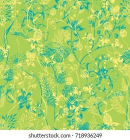 Vector seamless floral pattern with medical  herbs on light green. Ink drawn botanical illustration for fabric, wrapping, prints and other design. Background with wild meadow herbs.