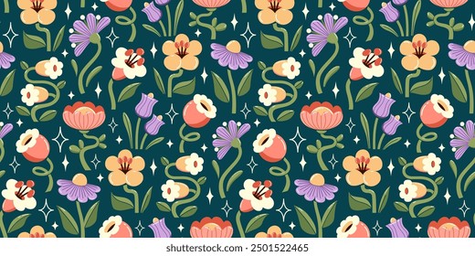 Vector seamless floral pattern with modern bold large flowers on dark green background for wrapping paper, cover, packaging graphic design. 